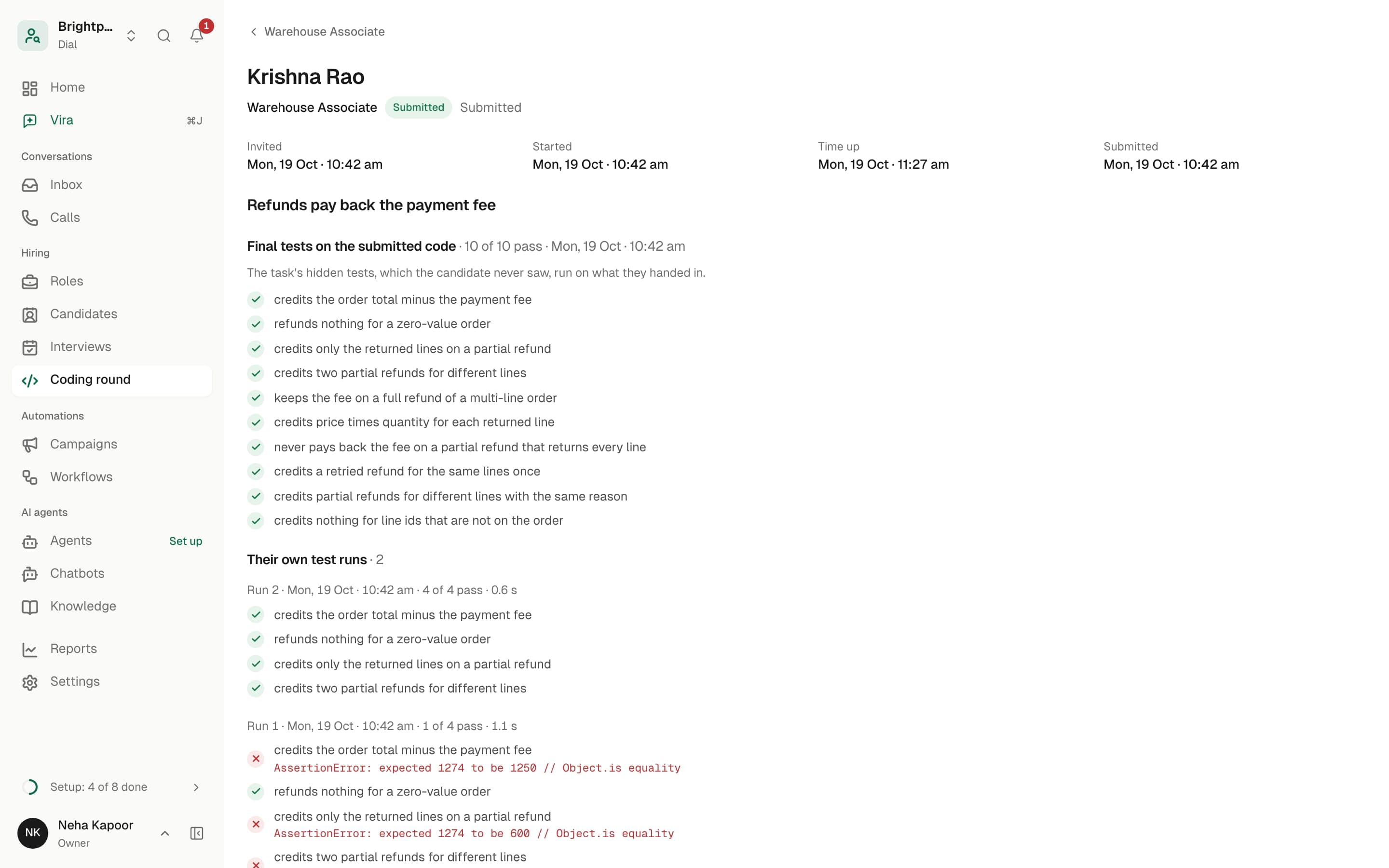 The coding round results: each test run the candidate made, failures included. Sample data.