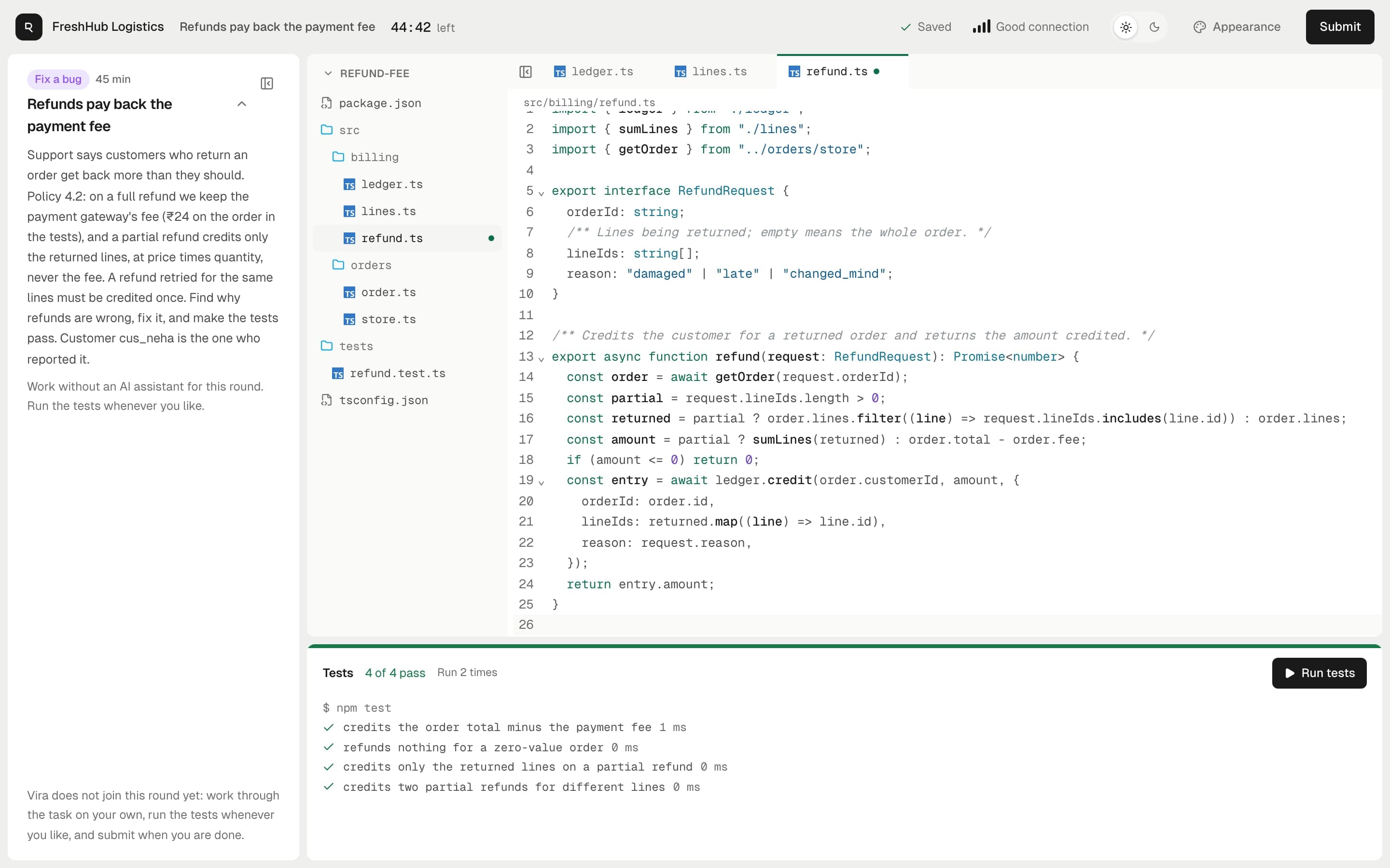 The candidate's coding room in the app: their test run, 4 of 4 pass