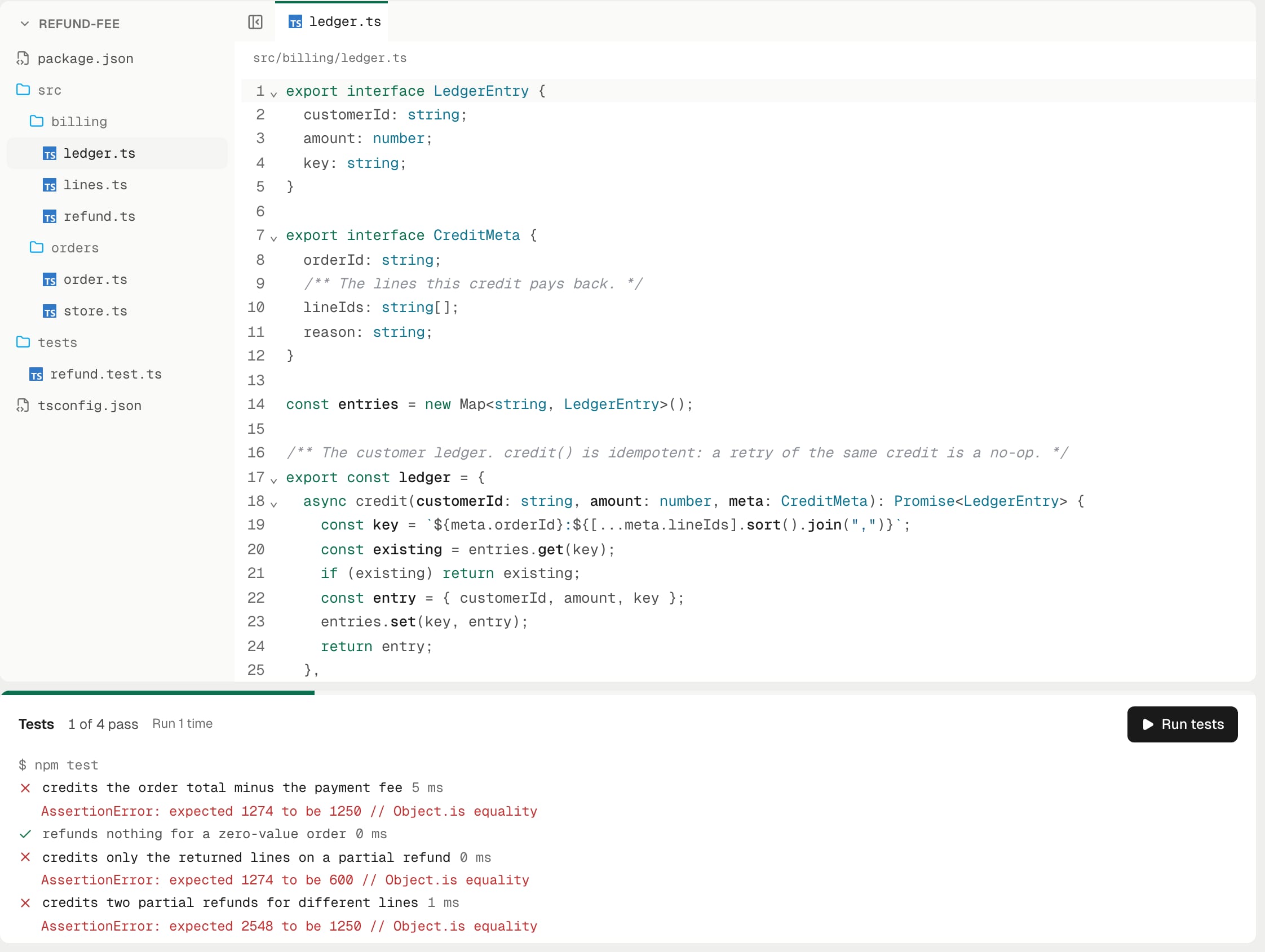 A first test run in the room: one of four tests passes, and each failing one shows its assertion error. Sample data.