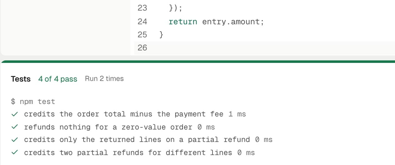 The candidate's coding room: the end of the fix in refund.ts and all four tests passing. Sample task.