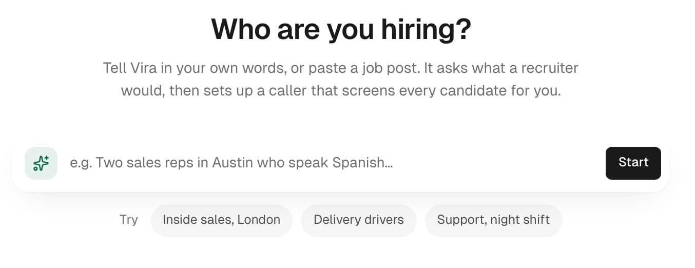 Adding a role in Dial: describe who you are hiring in your own words or paste a job post, and Vira sets up the caller.