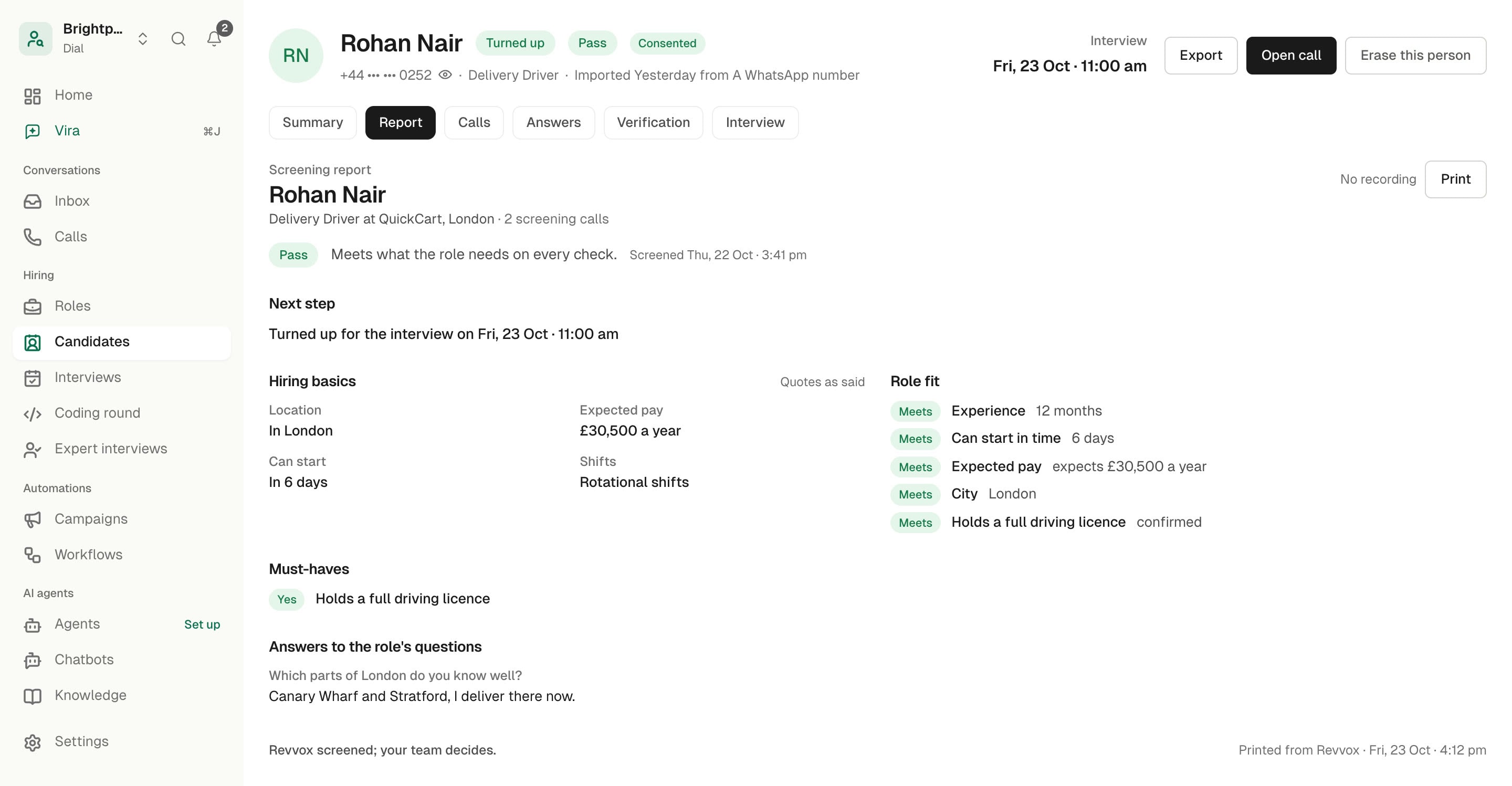 The Dial app: a screening report for a delivery driver applicant marked Pass, with hiring basics quoted as said, role fit checks and the interview booked. Sample data.
