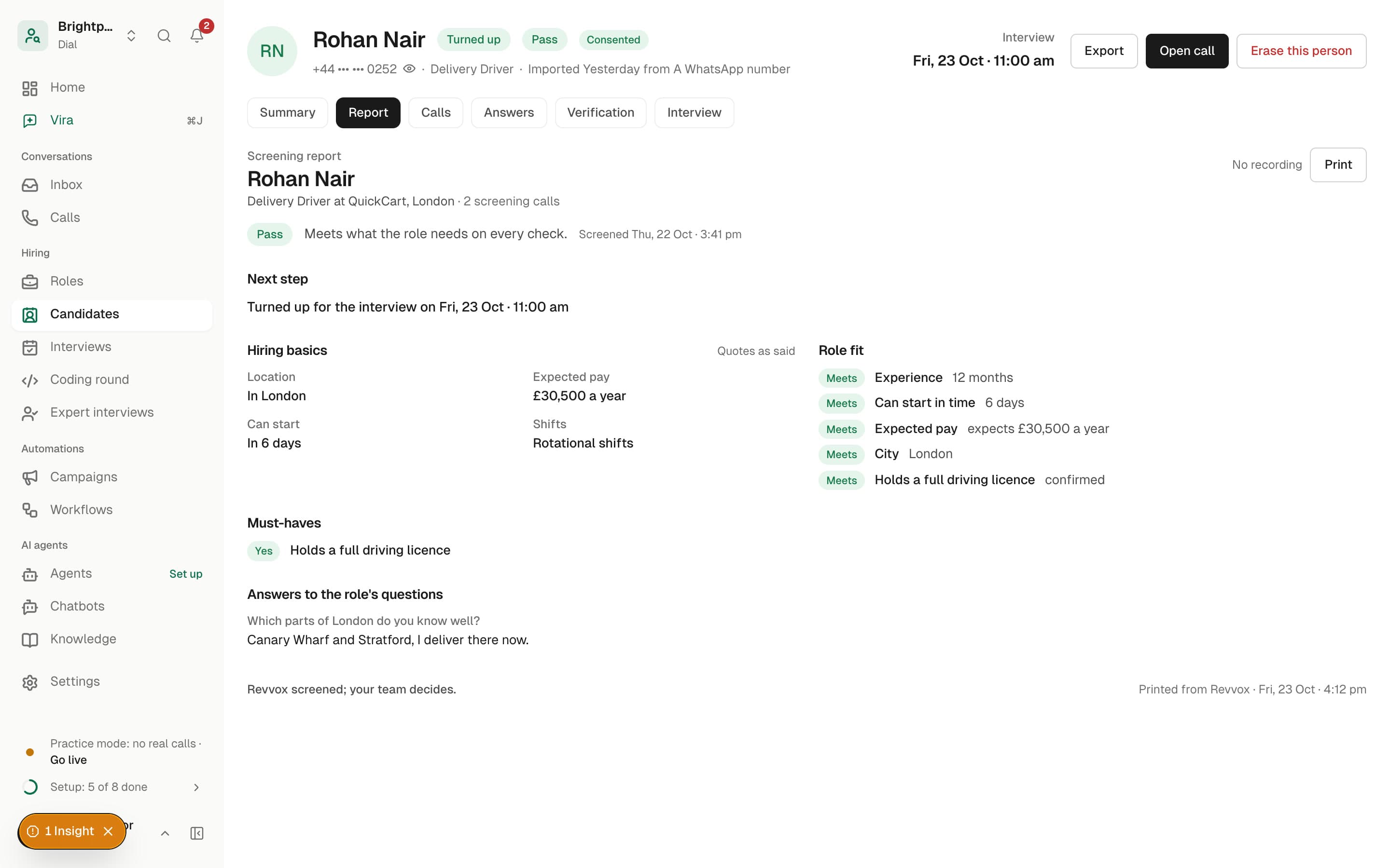 A screening report in Dial: the result, Check, with the reason and how the applicant fits the role. Sample data.